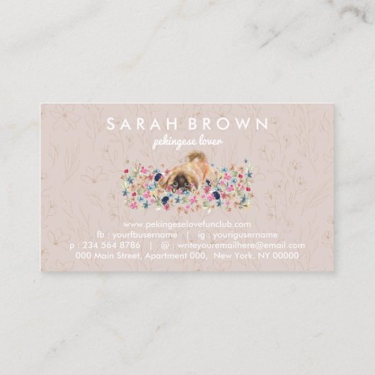 Pekingese Dog speelt rond bloemen Visitekaartje (Achterkant)