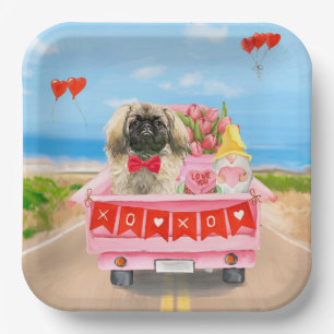 Pekingese Dog Valentijnsdag Truck Hearts Papieren Bordje