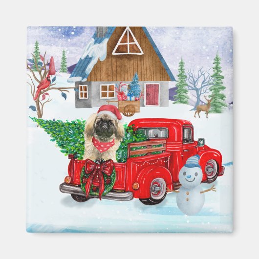 Pekingese hond bij kerstlevering vrachtwagen sneeu magneet (Voorkant)
