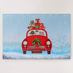 Pekingese hond in auto met kerstman legpuzzel