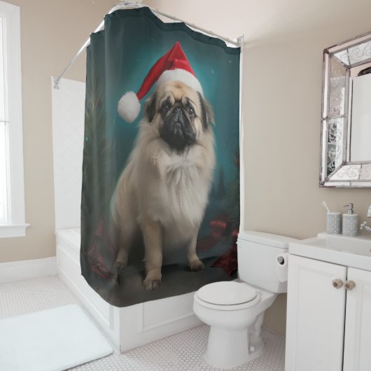 Pekingese Hond in Sneeuw Kerstmis Douchegordijn (In situ)