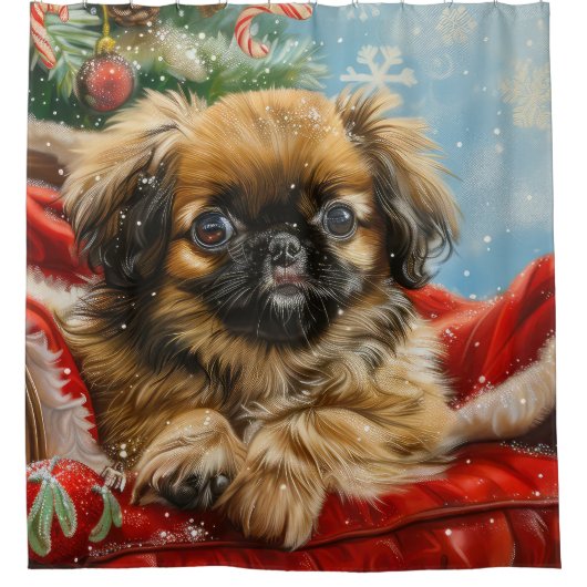 Pekingese Hond Kerstfeest Douchegordijn (Voorkant)