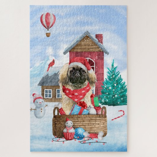 Pekingese hond op sneeuwkerstmis legpuzzel (Verticaal)