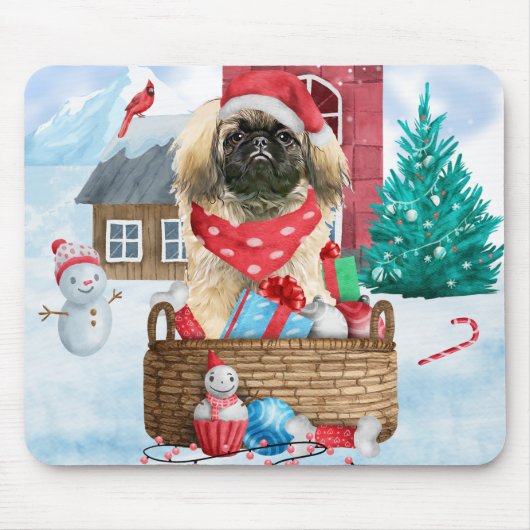 Pekingese hond op sneeuwkerstmis muismat (Voorkant)