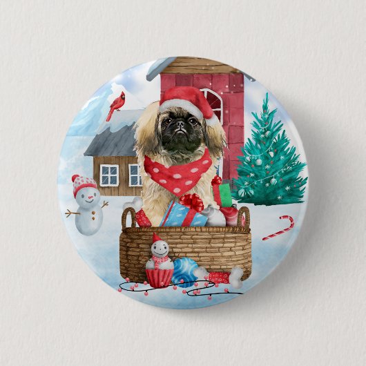 Pekingese hond op sneeuwkerstmis ronde button 5,7 cm (Voorkant)
