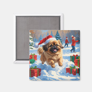 Pekingese hond rent in de sneeuw met kerstmuts magneet