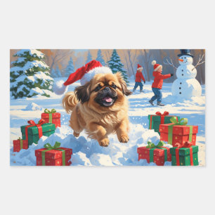 Pekingese hond rent in de sneeuw met kerstmuts rechthoekige sticker