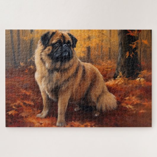 Pekingese in Herfstbladeren Herfst Inspire Legpuzzel (Horizontaal)