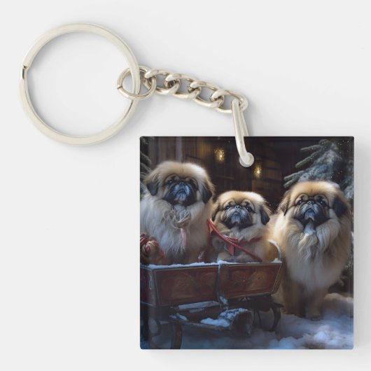 Pekingese Kerstfeest Seizoen Sleutelhanger (Voorkant)