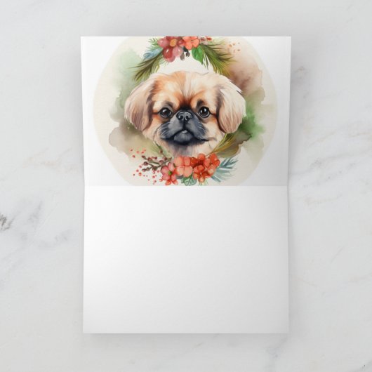 Pekingese kerstkrans feestelijke pup kaart (Binnen)