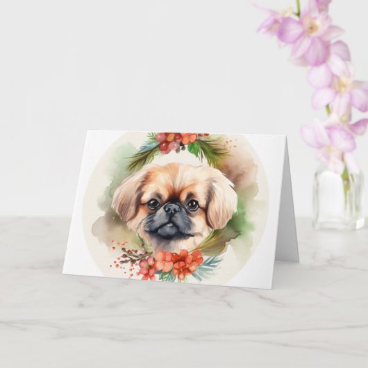 Pekingese kerstkrans feestelijke pup kaart (Orchidee)