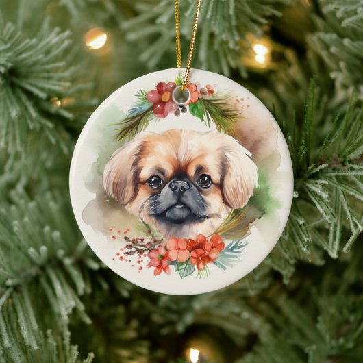 Pekingese kerstkrans feestelijke pup keramisch ornament (Boom)