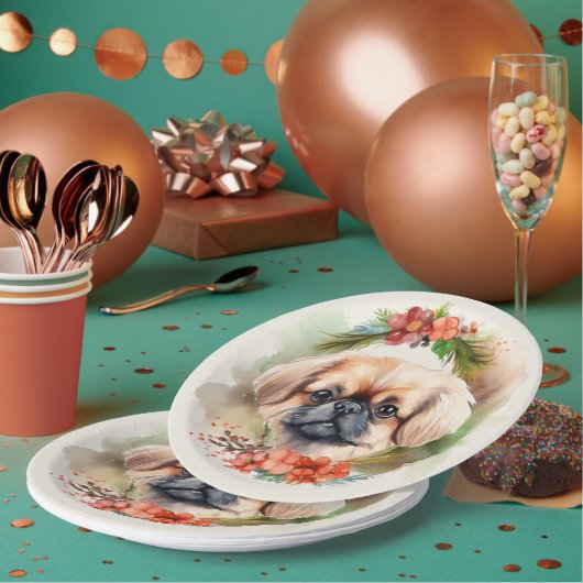 Pekingese kerstkrans feestelijke pup papieren bordje (Multi)