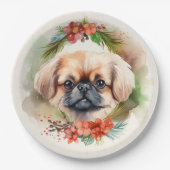 Pekingese kerstkrans feestelijke pup papieren bordje (Voorkant)