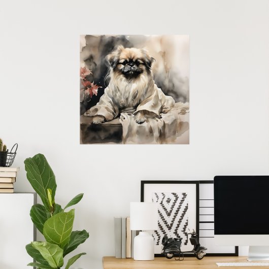 Pekingese Loungen in een zijden gewaad Inkttekenin Poster (Thuiskantoor)