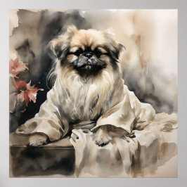 Pekingese Loungen in een zijden gewaad Inkttekenin Poster