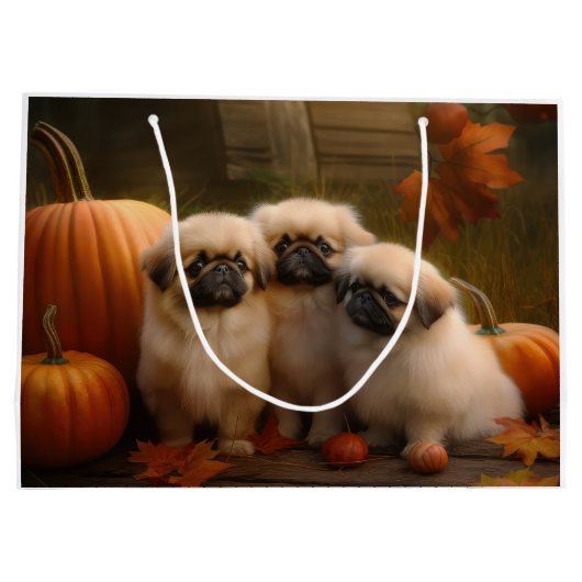 Pekingese Puppy Herfst Verrukking Pompoen Groot Cadeauzakje (Achterkant)