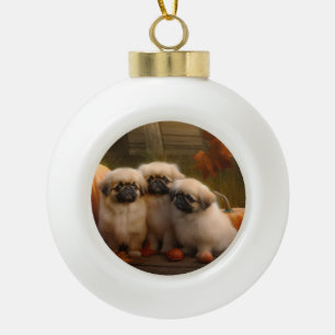 Pekingese Puppy Herfst Verrukking Pompoen Keramische Bal Ornament