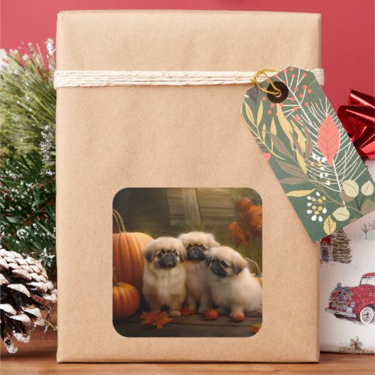 Pekingese Puppy Herfst Verrukking Pompoen Vierkante Sticker (Feestdagen)