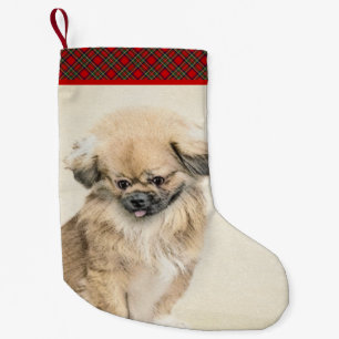 Pekingese schildering - Kute Original Dog Art Kleine Kerstsok