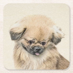 Pekingese schildering - Kute Original Dog Art Vierkante Kartonnen Onderzetter