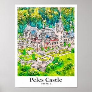 Peles Castle Roemenië Reizen Waterverf Hand geteke Poster