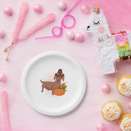 Pelgrim teckel pompoen bladeren Thanksgiving Papieren Bordje (Feest)