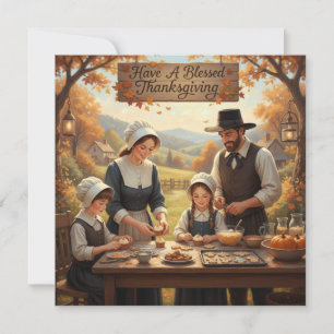 Pelgrimfamilie maakt Thanksgiving-koekjes  Feestdagenkaart