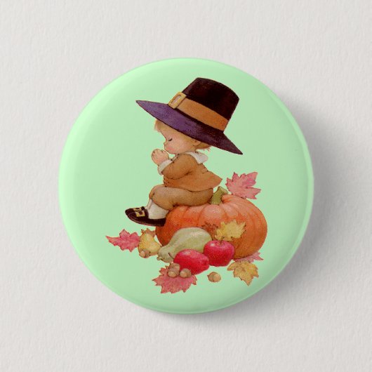  pelgrimjongen die op pompoen bidt ronde button 5,7 cm (Voorkant)