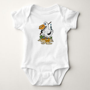 Pelican als Fisher met Geviste staaf en vis Romper