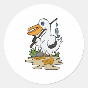 Pelican als Fisher met Geviste staaf en vis Ronde Sticker