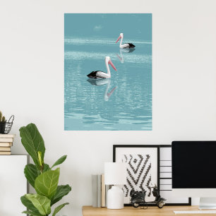 Pelican Couple Paddling op rustig aquawater Poster