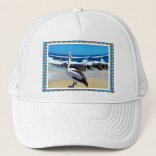 Pelican die van de doorsnede houdt, trucker pet