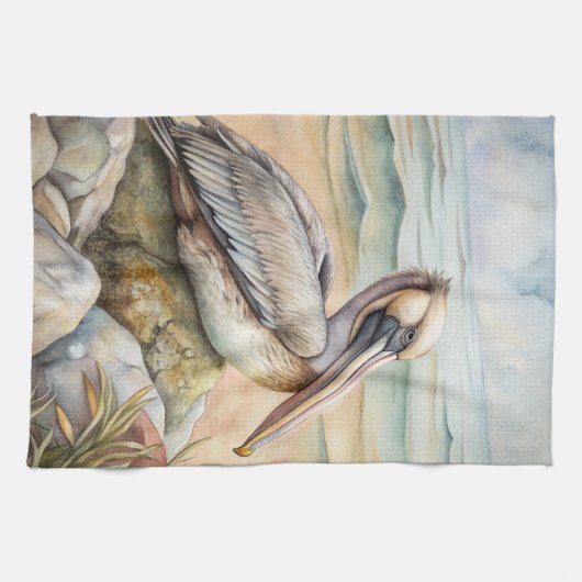 Pelican op het strand theedoek (Horizontaal)