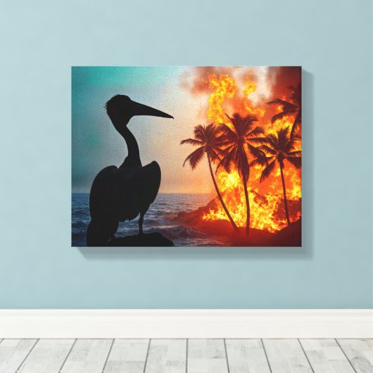 Pelican Watching Tropical Wildfire Canvas Afdruk (Insitu (Houten vloer))