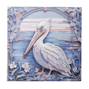 Pelican Zee Bird Art Nouveau Faux Relief Left Blue Tegeltje