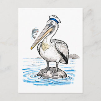 Pelikaan Stopt Trots op Rots Inkt Illustratie Briefkaart