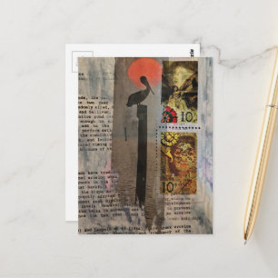 Pelikaan vogel en postzegels mixed media collage briefkaart