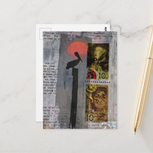 Pelikaan vogel en twee postzegels mixed media coll briefkaart