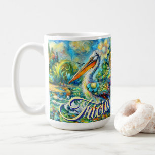 Pelikaanvogel in Wonderland Bloemen gepersonalisee Koffiemok