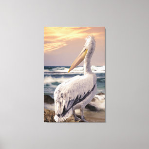 Pelikan Strandgolven Zonsondergang Canvas Afdruk