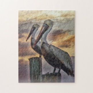 Pelikanen op zonsondergang legpuzzel