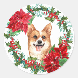 Pembroke Corgi Poinsettia Holly vakantiekrans Ronde Sticker