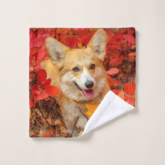 Pembroke Welsh Corgi Chien chiot en Feuille rouge (Gant de toilette)