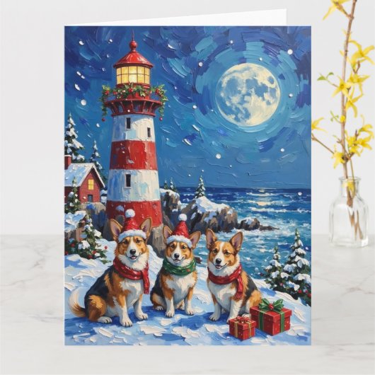 Pembroke Welsh Corgi Christmas Lighthouse Holiday Kaart (Gele Bloem)