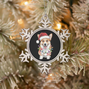 Pembroke Welsh Corgi Kerstman Kerstboom Lichtjes Tin Sneeuwvlok Ornament