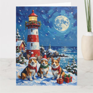 Pembroke Welsh Corgi Kerstmis Vuurtoren Vakantie Kaart