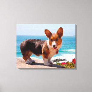 Pembroke Welsh Corgi puppy staand op tafel Canvas Afdruk