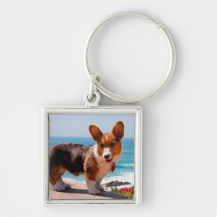 Pembroke Welsh Corgi puppy staand op tafel Sleutelhanger