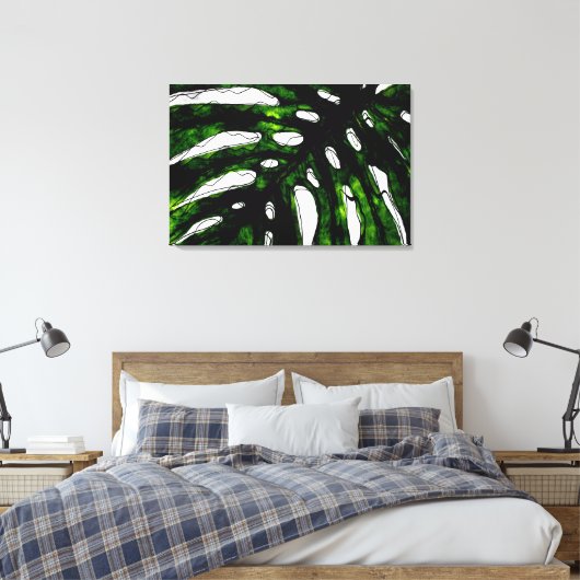 Pen en Groene Inkt Monstera Leaf Tekening Canvas Afdruk (Insitu (Slaapkamer))